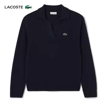 Свитер кашемировый женский Lacoste с V-образным вырезом и лацканами, темно-синий