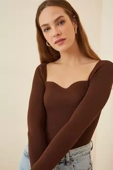 Свитер - Коричневый - Приталенный крой Happiness stanbul, коричневый