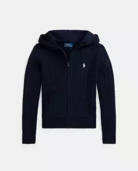 Свитер косой вязки для девочки с капюшоном Polo Ralph Lauren, темно-синий