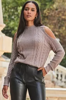 Свитер косой вязки с открытыми плечами Sosandar, бежевый