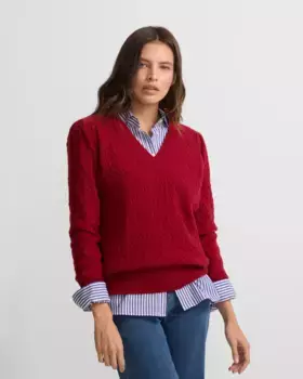 Свитер косой вязки с V-образным вырезом Silbon, красный