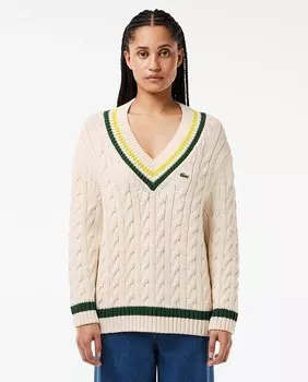 Свитер косой вязки с V-образным вырезом и контрастной деталью Lacoste, белый