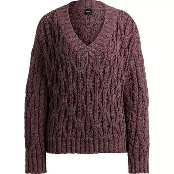 Свитер косой вязки с V-образным вырезом HUGO BOSS, фиолетовый