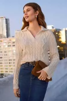 Свитер косой вязки с воротником Friends Like These, бежевый