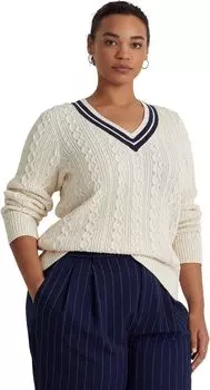Свитер крикетной вязки косой вязки больших размеров LAUREN Ralph Lauren, цвет Mascarpone Cream/French Navy