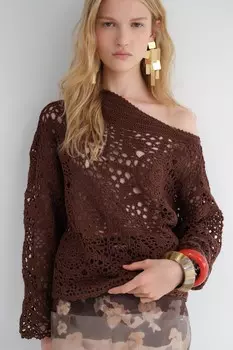 Свитер крючком с асимметричным вырезом ZARA, коричневый