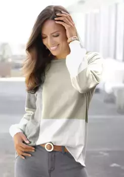 Свитер LASCANA с круглым вырезом, в стиле колор-блок, женский свитер, хлопок, свободный и скрывающий, кремовый