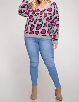 Свитер Leopard V Back Plus в ярко-розовом/сером цвете SHE + SKY