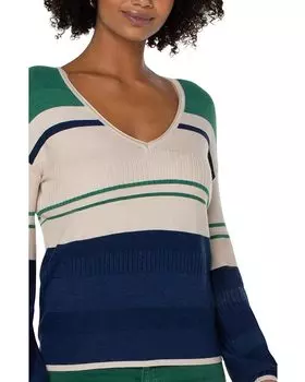 Свитер Liverpool Los Angeles V-Neck Blouson Sweater with Color Blocking, цвет Emerald Merchant Blue Combo