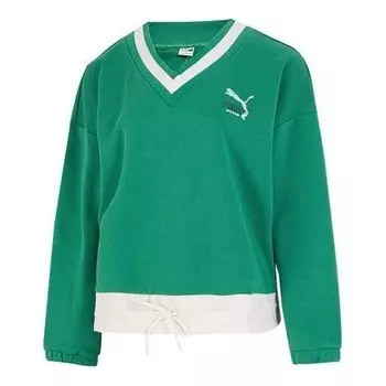 Свитер logo v neck sweatshirt 'green' Puma, зеленый