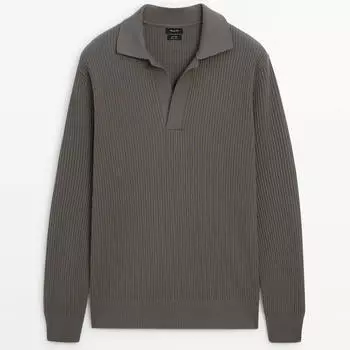 Свитер Massimo Dutti Cotton Ribbed Knit Polo, хаки