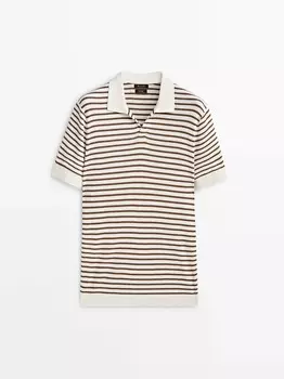 Свитер Massimo Dutti Striped Ribbed Polo Collar, белый/коричневый