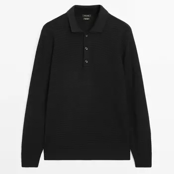 Свитер Massimo Dutti Textured Knit Polo Collar, черный