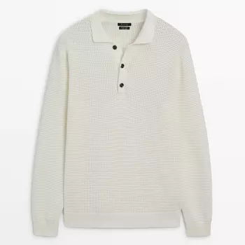 Свитер Massimo Dutti Textured Knit Polo Collar, кремовый