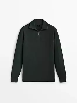 Свитер Massimo Dutti Textured Mock Neck With Zip, темно-зеленый