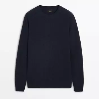 Свитер Massimo Dutti Wool And Cotton Blend Knit With Crew Neck, темно-синий