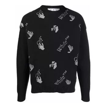 Свитер men's fw21 intarsia knit logo round neck pullover wool sweater loose fit black Off-White, черный