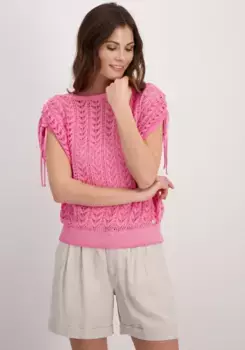 Свитер Monari с круглым вырезом, ажурным узором с рюшами, розовый