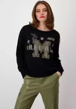 Свитер Monari с круглым вырезом, рукава и нижний край в рубчик, буквы со стразами, черный