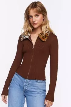 Свитер на молнии из искусственного леопардового меха Forever 21, кофе