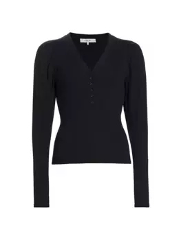 Свитер на пуговицах в рубчик со сборками на рукавах Frame, черный