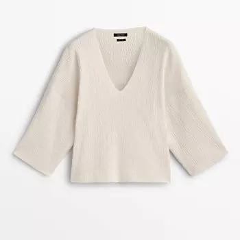 Свитер-накидка из рельефной ткани с V-образным вырезом Massimo Dutti, кремовый