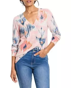 Свитер NIC+ZOE Abstract Floral Waffle Stitch V-Neck Sweater, цвет Pink Multi
