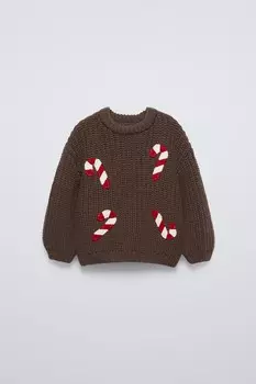 Свитер объемной вязки с вышивкой крючком ZARA, коричневый