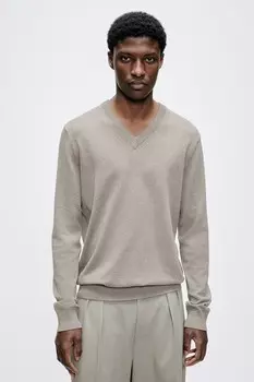 Свитер облегающего кроя из тонкой вязки с v образным вырезом H&M, бежевый