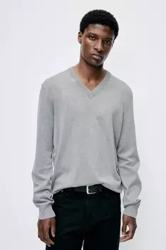 Свитер облегающего кроя из тонкой вязки с v образным вырезом H&M, серый