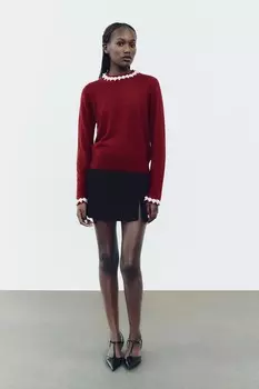 Свитер однотяжной вязки с искусственными жемчугами ZARA, темно-красный
