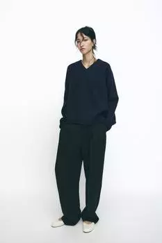 Свитер однотяжной вязки с v-образным вырезом ZARA, темно-синий