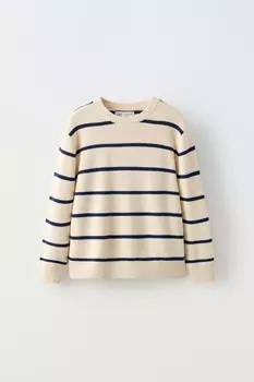 Свитер однотяжной вязки ZARA, темно-синий/белый