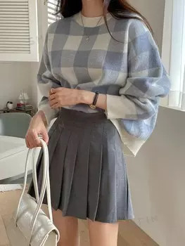 Свитер оверсайз Kpop с рисунком в клетку и заниженной линией плеч Dazy, синий/белый