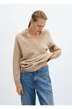 Свитер оверсайз с острым воротником Mango, бежевый