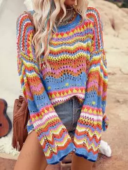 Свитер оверсайз Shein Vcay Holiday вязаный, синий / розовый / желтый