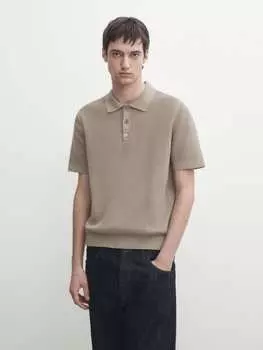 Свитер-поло фактурной вязки с короткими рукавами Massimo Dutti, хаки