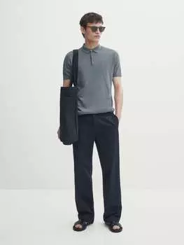Свитер-поло из хлопка с короткими рукавами Massimo Dutti, синий