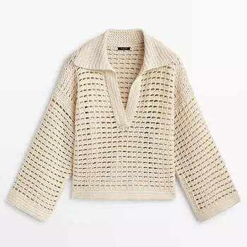 Свитер поло из кружева кроше Massimo Dutti, бежевый