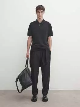 Свитер-поло из смесового хлопка Massimo Dutti, черный