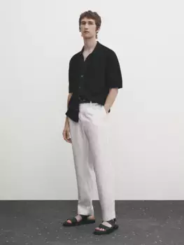Свитер поло из текстурированного хлопка с кнопками Massimo Dutti, черный