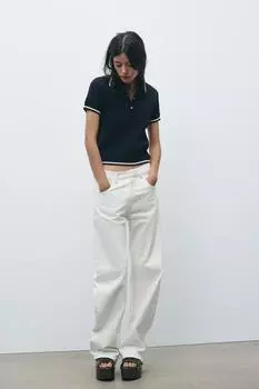 Свитер поло кабельной вязки ZARA, цвет Navys/Ecrus