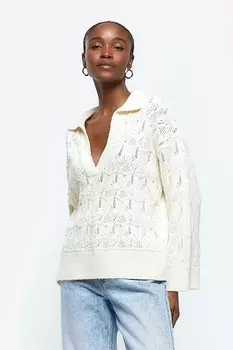 Свитер-Поло крючком с жемчугом River Island, бежевый