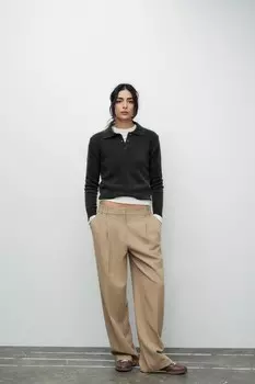 Свитер поло однотяжной вязки ZARA, хаки