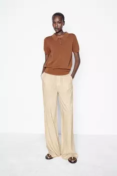 Свитер поло однотяжной вязки ZARA, красновато-коричневый