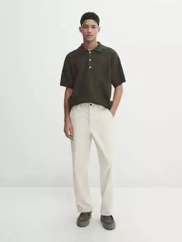 Свитер-поло открытой вязки с короткими рукавами Massimo Dutti, хаки