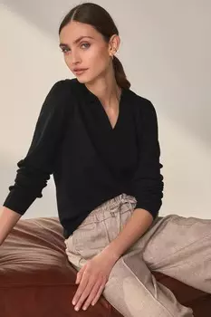 Свитер-Поло премиум-класса из шерсти мериноса с воротником-поло Next, черный