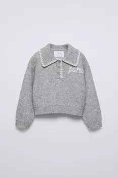 Свитер поло с вышивкой ZARA, жемчужно-серый