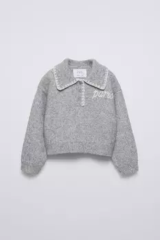Свитер поло с вышивкой ZARA, жемчужно-серый
