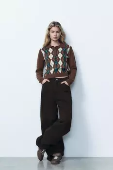 Свитер поло с жаккардовым узором argyle ZARA, коричневый